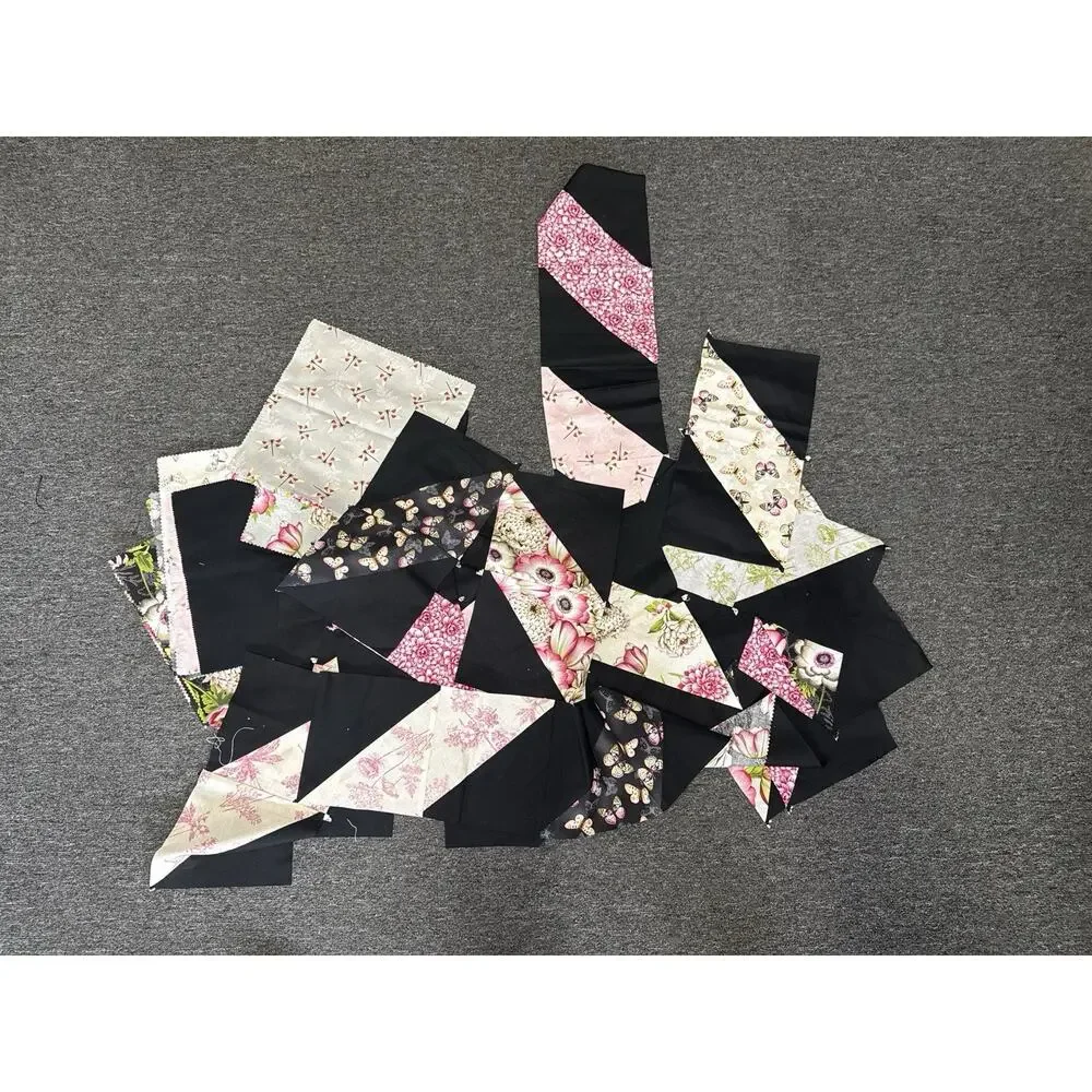 Lot of Black Pink Green Patchwork Quilt Blocks Handmade squares Quilting Strips.